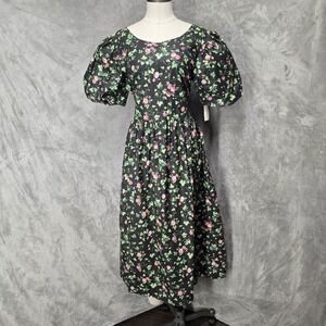 Cottagecore Prairie Garden Party Floral Midi Dress Puff Sleeve Cotton Oversize M